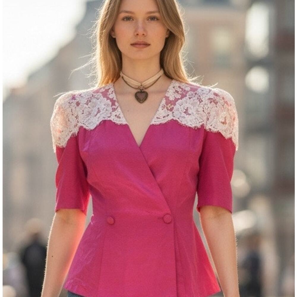 Vintage 80's Watters & Watters Victorian Style Lace Peplum Back Bow Blouse